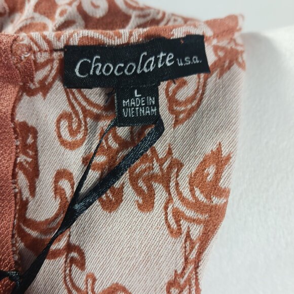 Chocolate U.S.A., Short Romper, Terracotta/Cream Print, Zip Back, Waist Tie SZ L - Picture 2 of 14